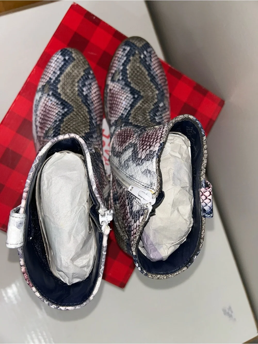 True Craft Navy Multicolor Snake-Print Ankle Booties 8.5